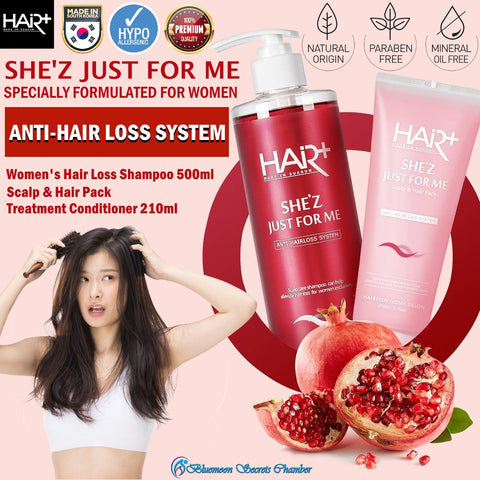 HAIR+ She'z Just For Me Women Anti-Hairloss System - Shampoo 500ml | Scalp & Hair Pack Treatment Conditioner 210ml
